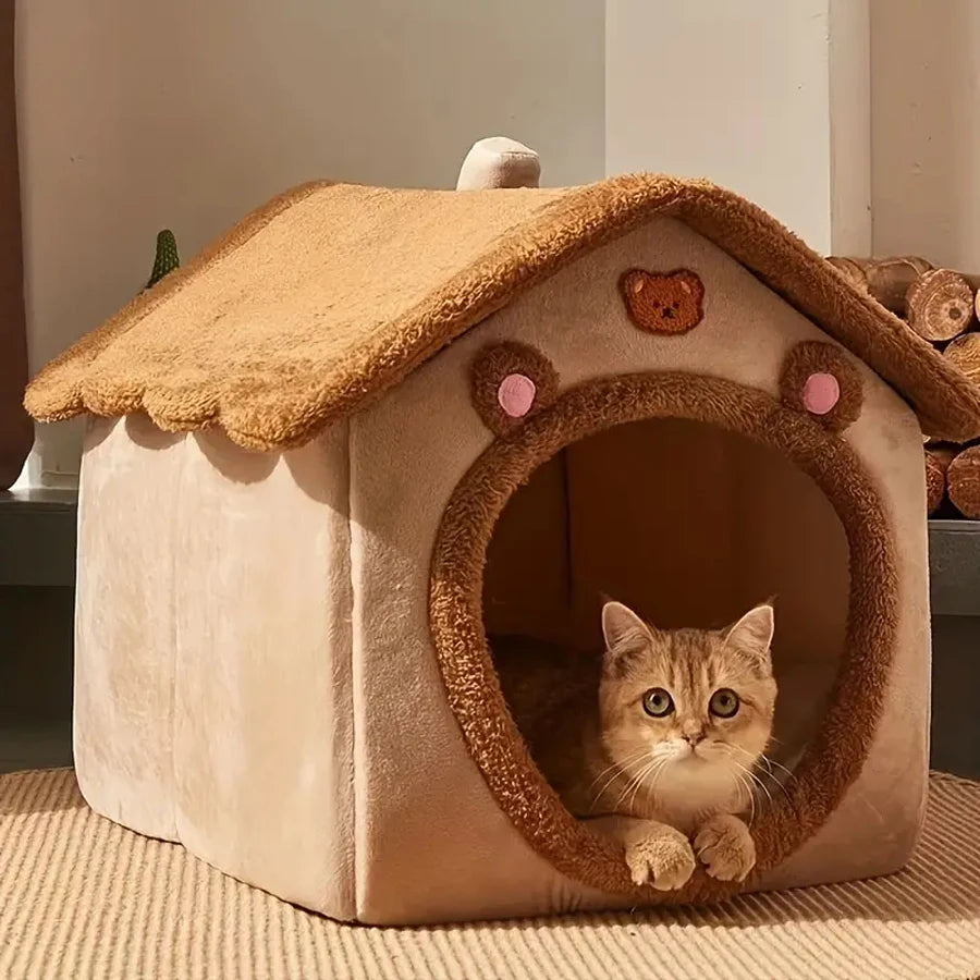 PawNest Bear Cave Pet House – Foldable Cozy Indoor Bed for Cats & Small Dogs (Removable & Washable)