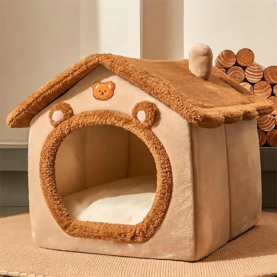PawNest Bear Cave Pet House – Foldable Cozy Indoor Bed for Cats & Small Dogs (Removable & Washable)